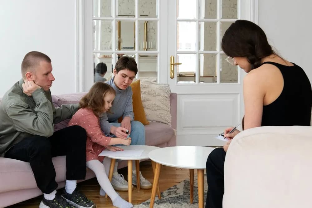 Koltukta oturan anne, baba ve çocuk ile konuşan terapist